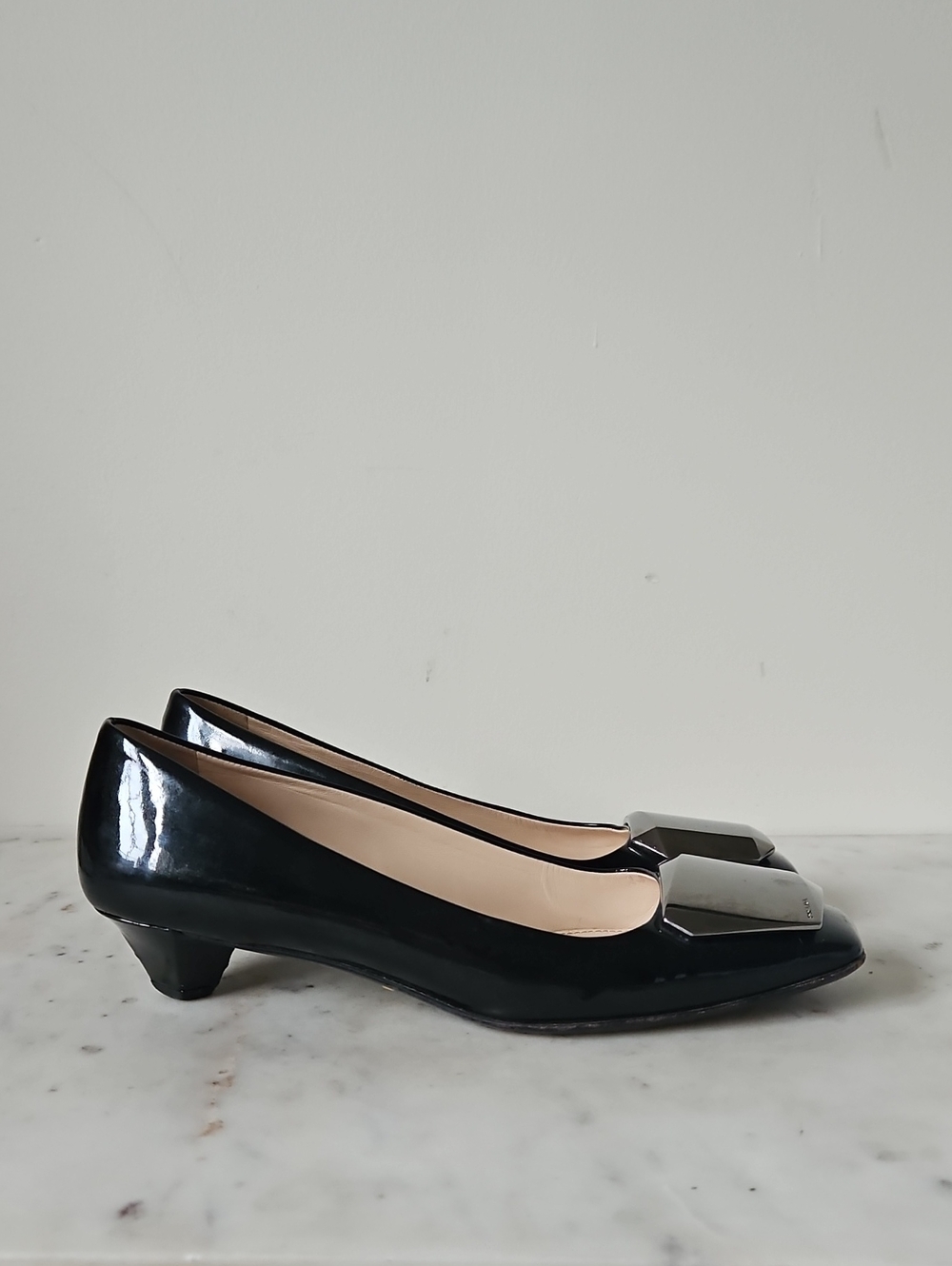 PRADA: Black Patent Leather Geometric Block Heel And Logo Plaque Shoes